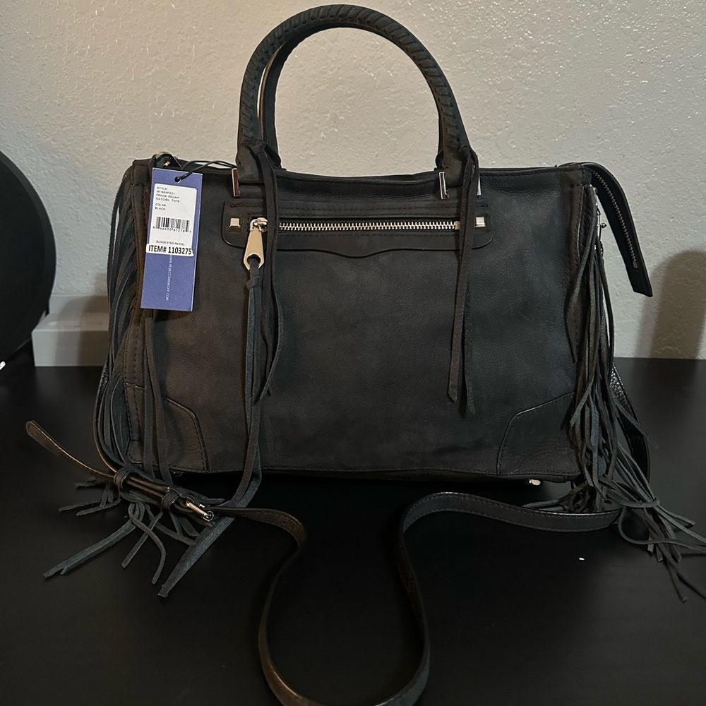 NWT $425 Rebecca Minkoff Black Suede Fringe Regan Satchel